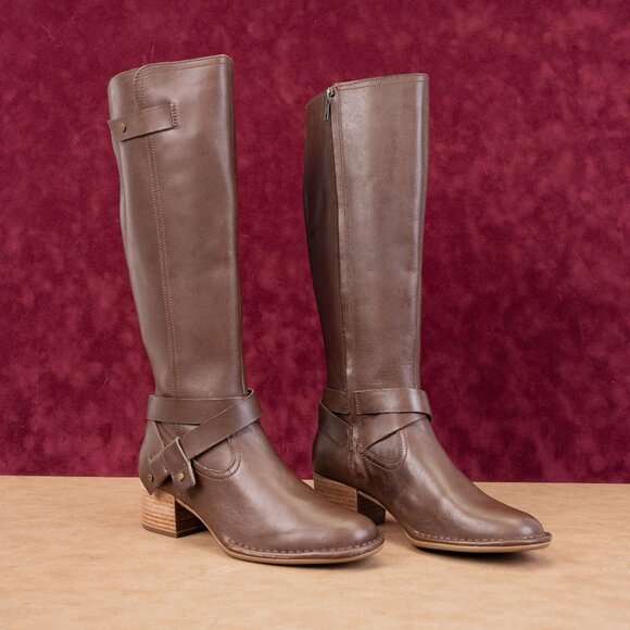 UGG Women Bandara Brown Leather Strap Zip Riding Round Tall Boots sz 8.5 - Picture 1 of 10